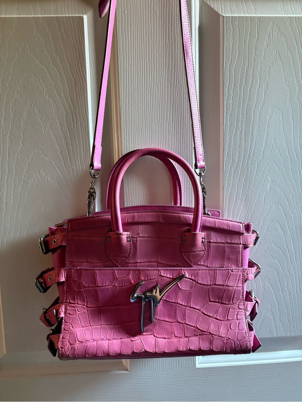 Giuseppe Zanotti Pink Croc-Embossed Top-Handle Satchel with Strap